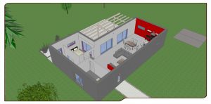 Illustration 3D du modèle de maison L-PROJECT, vue de l'intérieur.