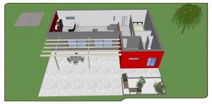 Illustration 3D du modèle de maison L-PROJECT, vue de l'intérieur.