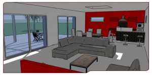 Illustration 3D du modèle de maison L-PROJECT, vue de l'intérieur.